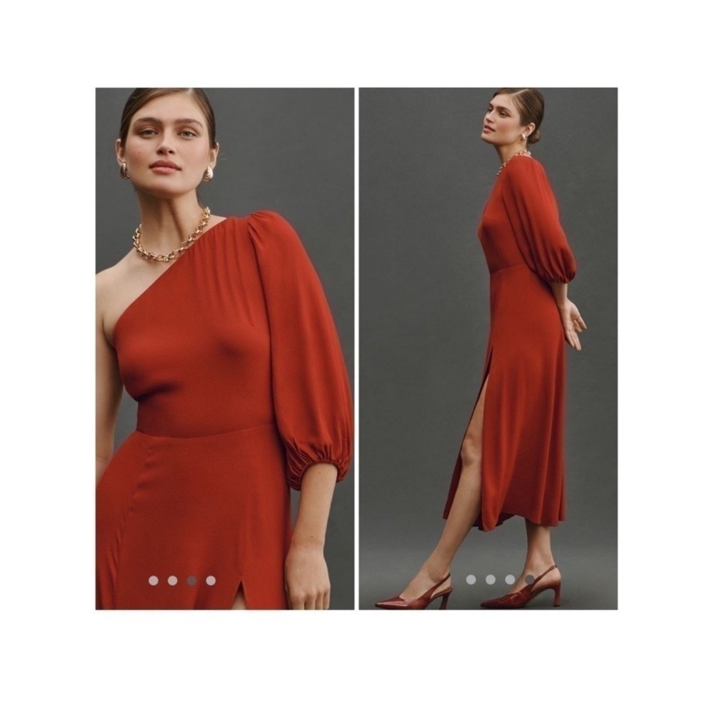 Reformation Women's Sz 2 Lawrence Red High Slit Single One Shoulder Midi Dress